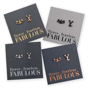 Four pairs of cheer girl shape earrings on cards with 'fierce fearless FABULOUS' text.