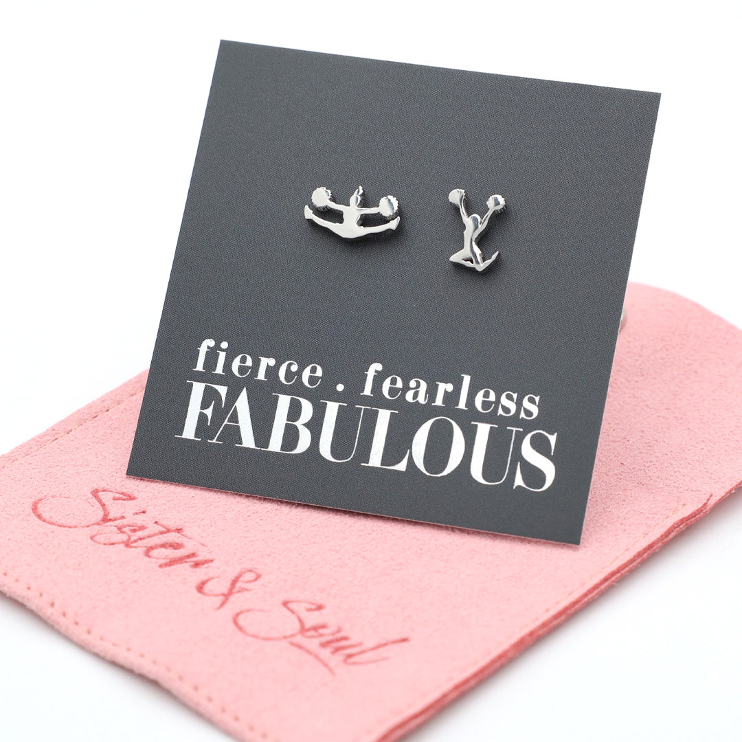 Four pairs of cheer girl shape earrings on cards with 'fierce fearless FABULOUS' text.