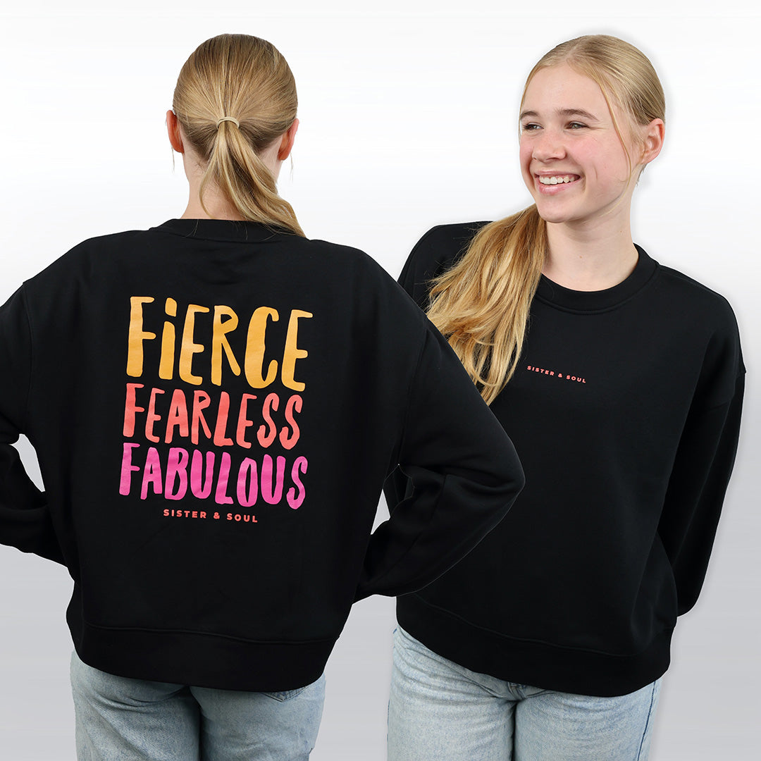 FIERCE FEARLESS FABULOUS - Relaxed Crop Crew Neck Jumper - Black