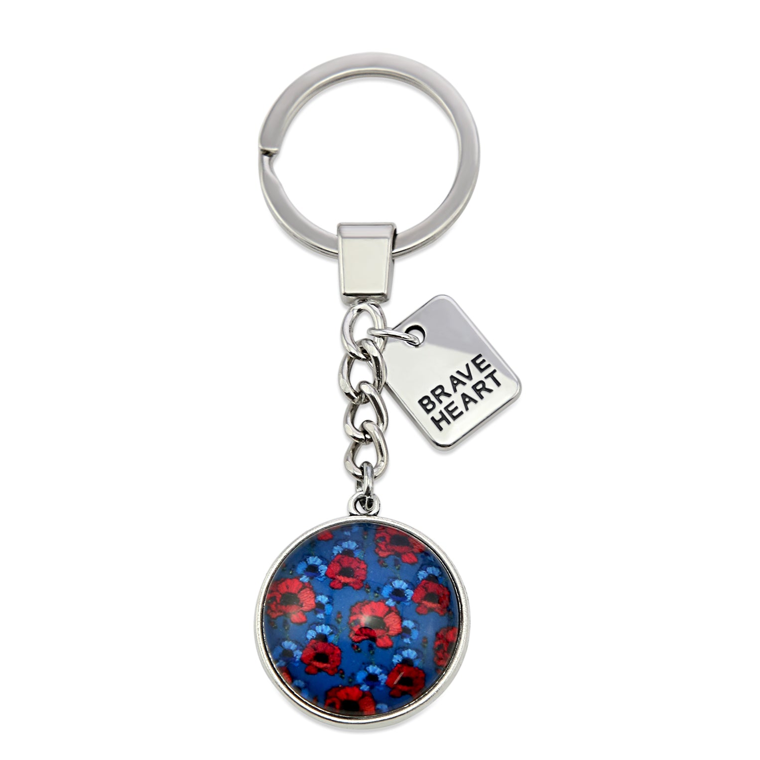 Keychain with a round blue and red patterned charm and a 'Brave Heart' tag on a white background