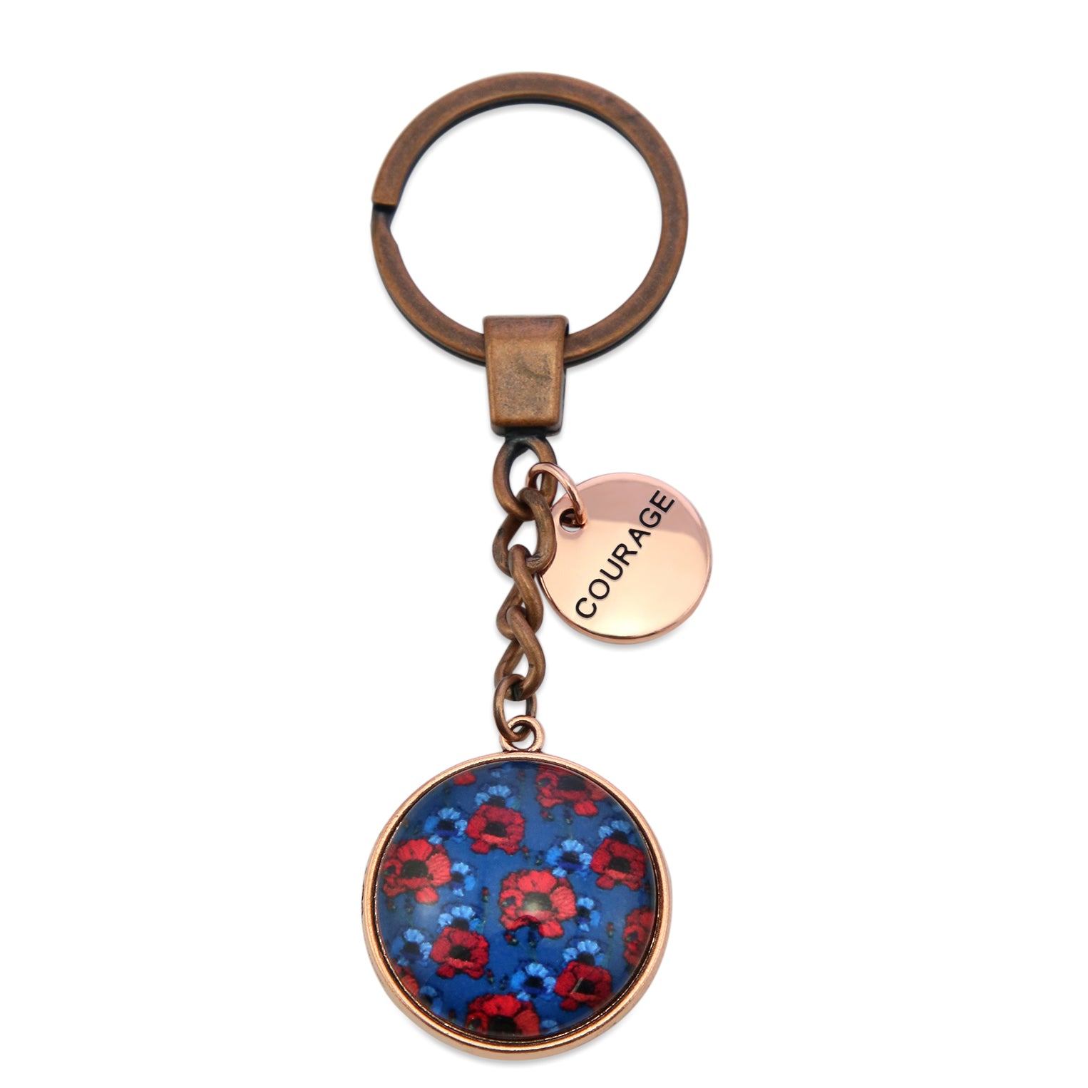 Keychain with floral design and 'COURAGE' tag on a white background