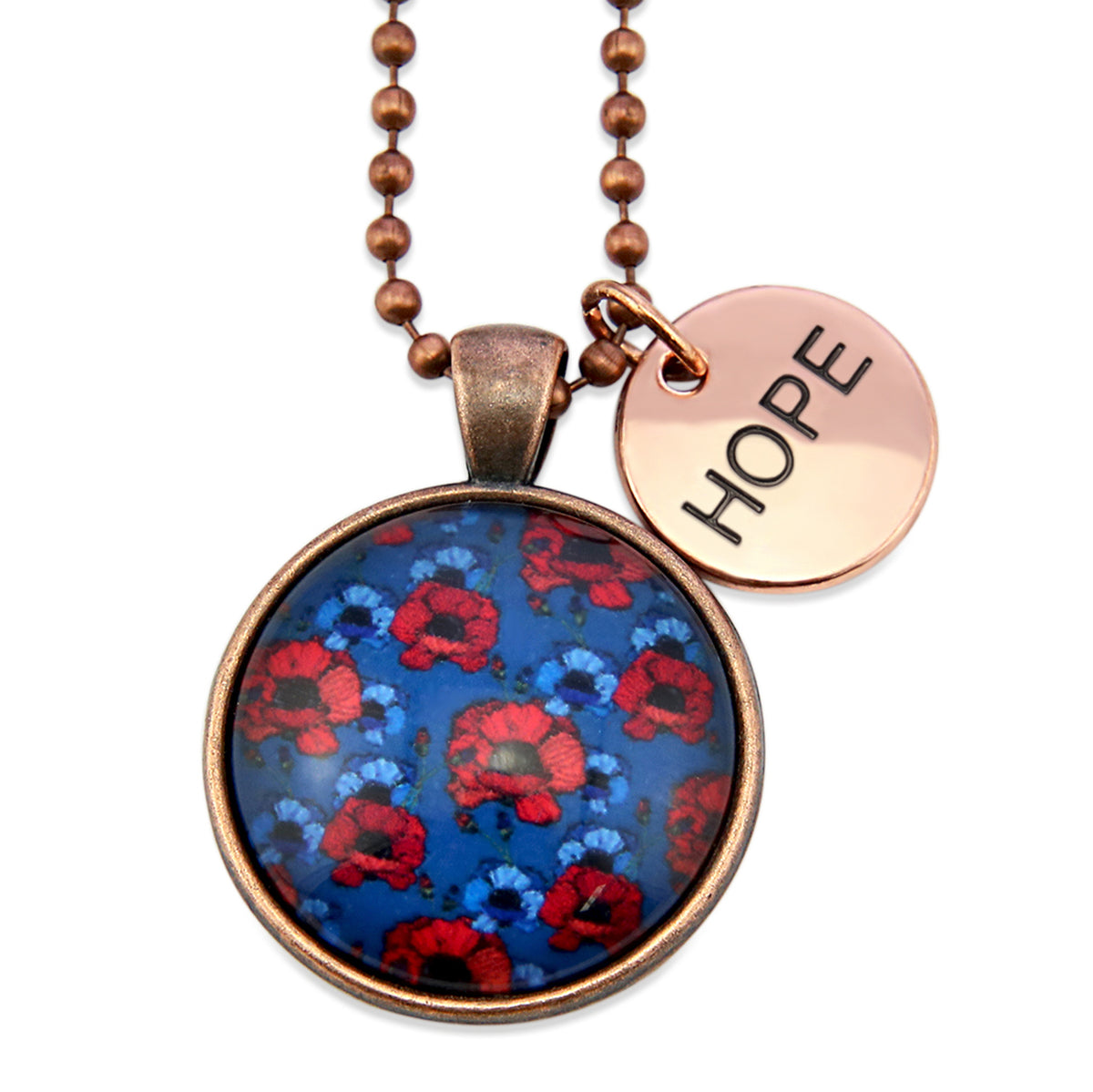 Necklace with floral pendant and 'HOPE' tag on a white background