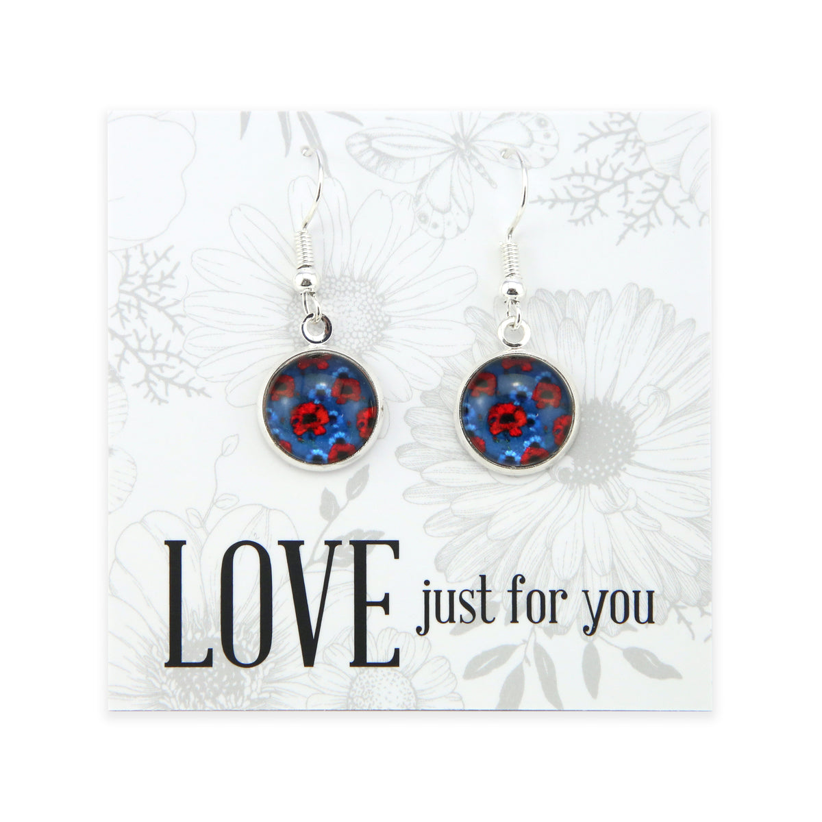Earrings with floral design on a card with 'LOVE just for you' text
