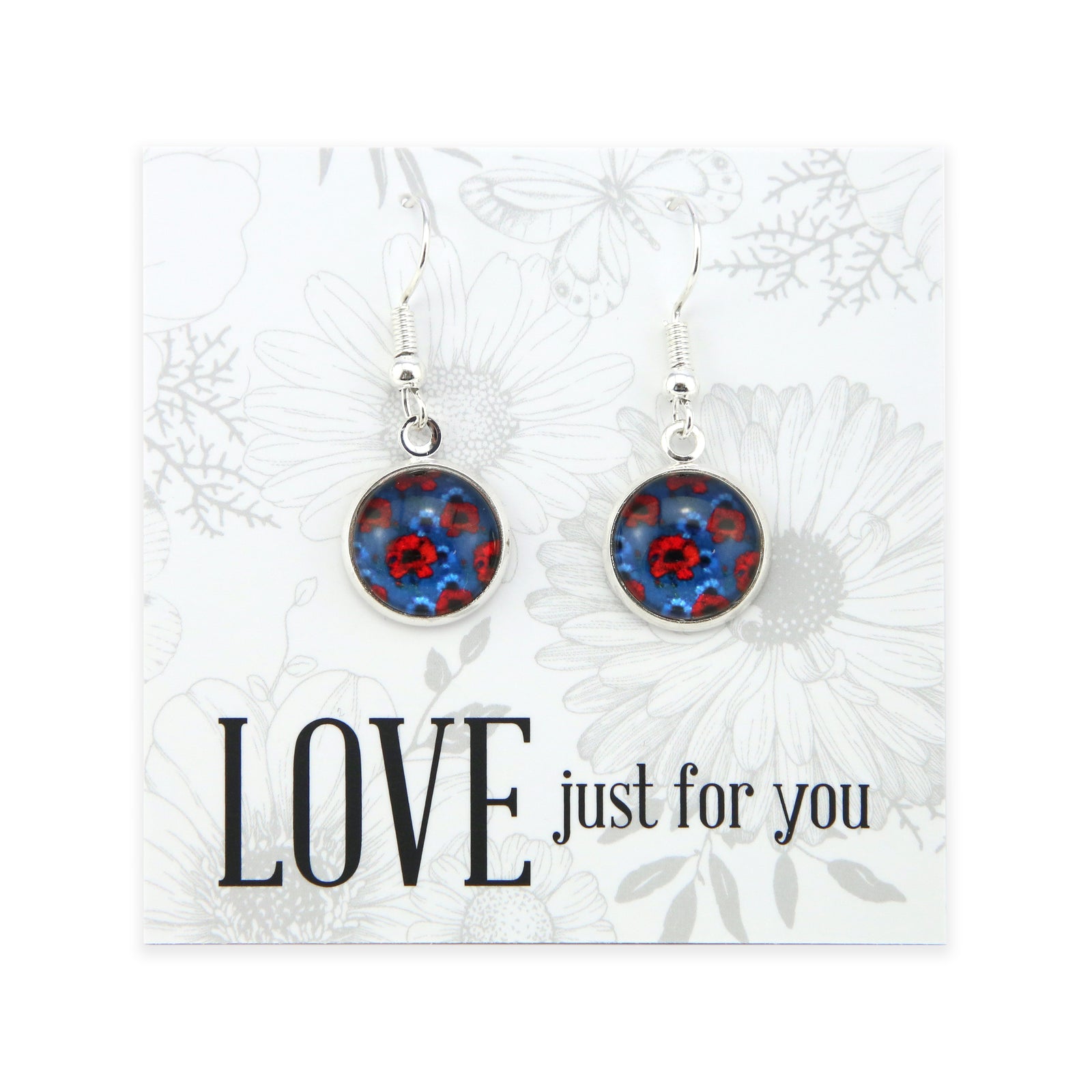 Earrings with floral design on a card with 'LOVE just for you' text