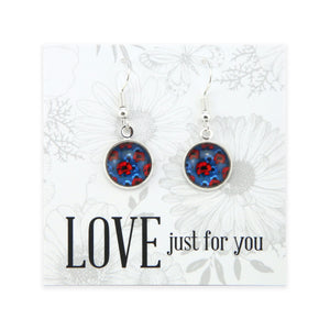 Earrings with floral design on a card with 'LOVE just for you' text