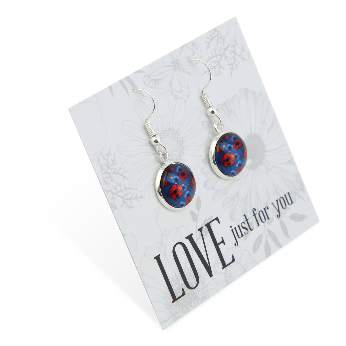 Earrings with floral design on a 'LOVE just for you' card