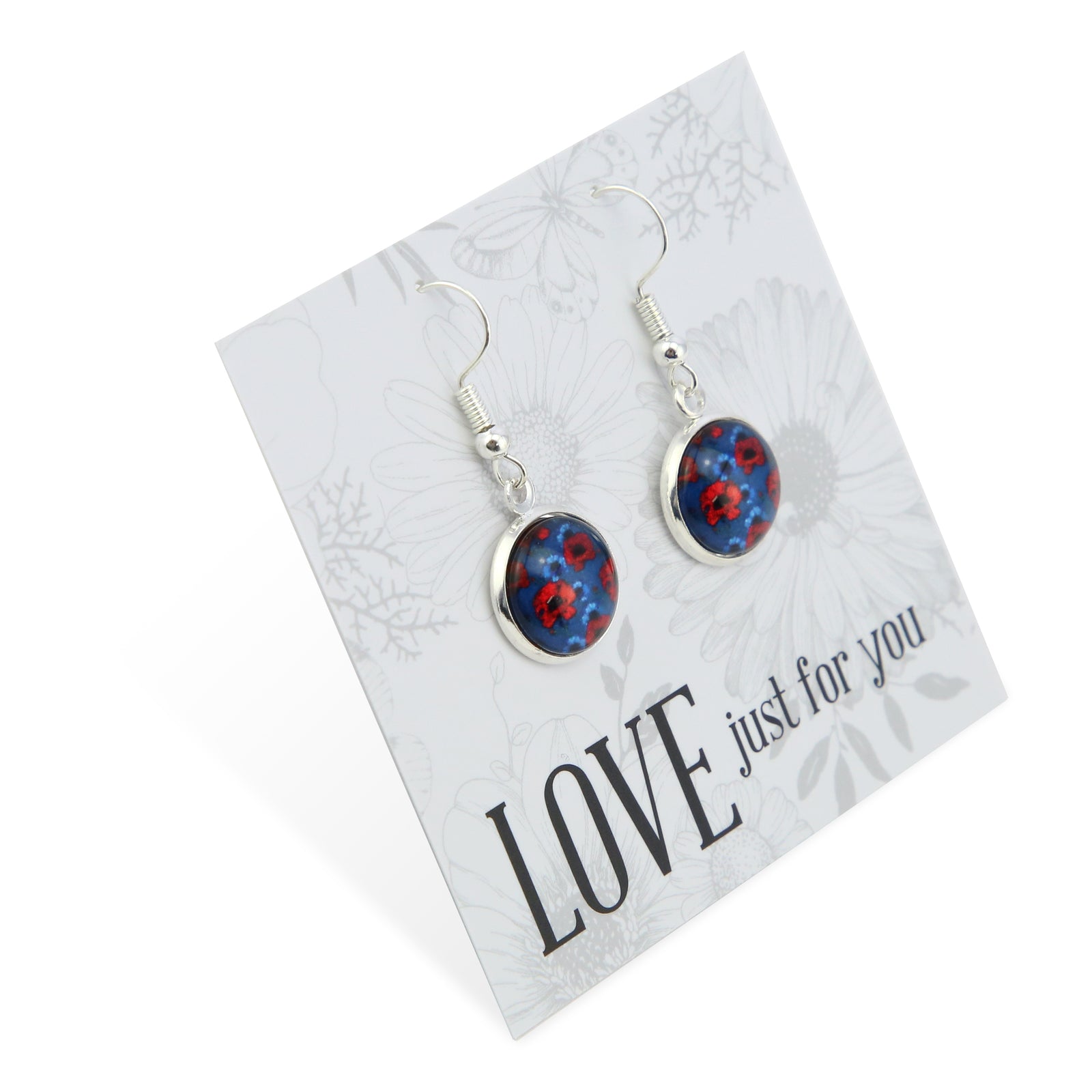 Earrings with floral design on a card with 'LOVE just for you' text
