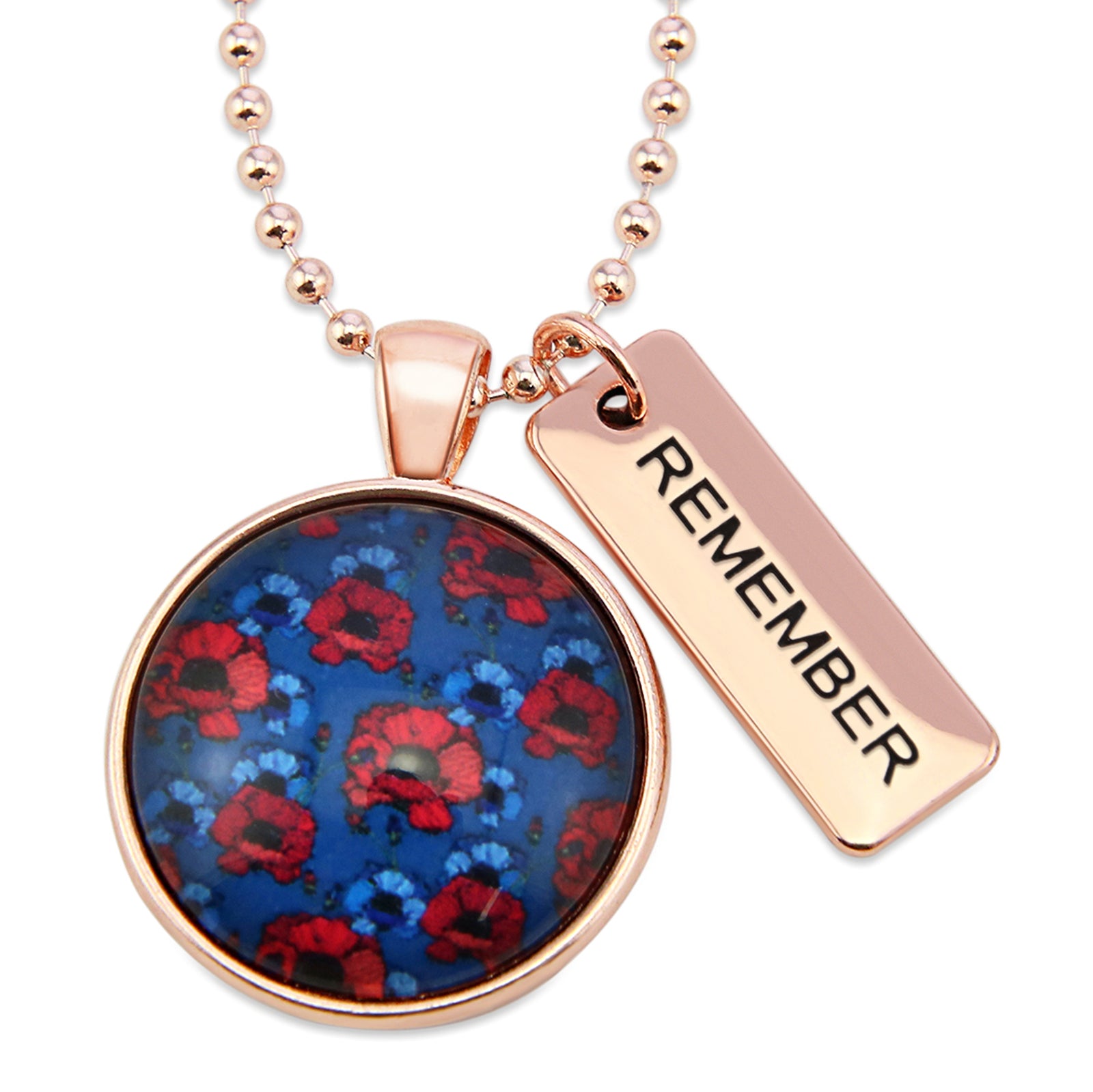Necklace with floral pendant and 'REMEMBER' tag on a white background