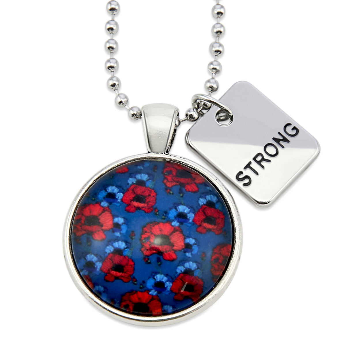 Necklace with a colorful pendant and a tag that says 'STRONG' on a white background