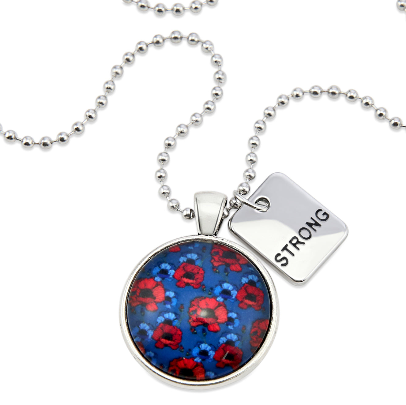 Necklace with a colorful pendant and a tag that says 'STRONG' on a white background