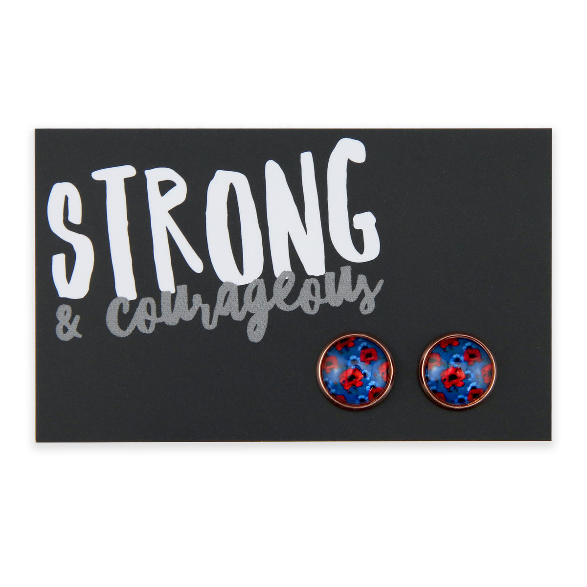 Pair of earrings with floral design on a card with 'STRONG & COURAGEOUS' text.