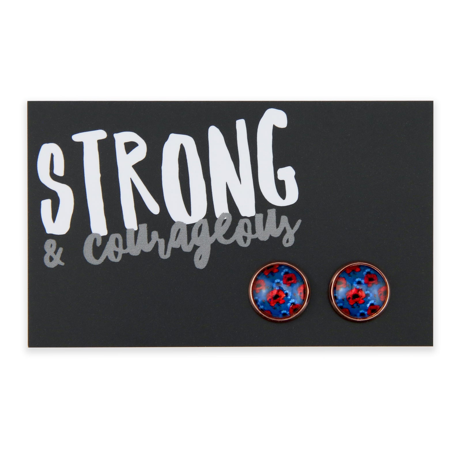 Pair of earrings with floral design on a card with 'STRONG & COURAGEOUS' text.