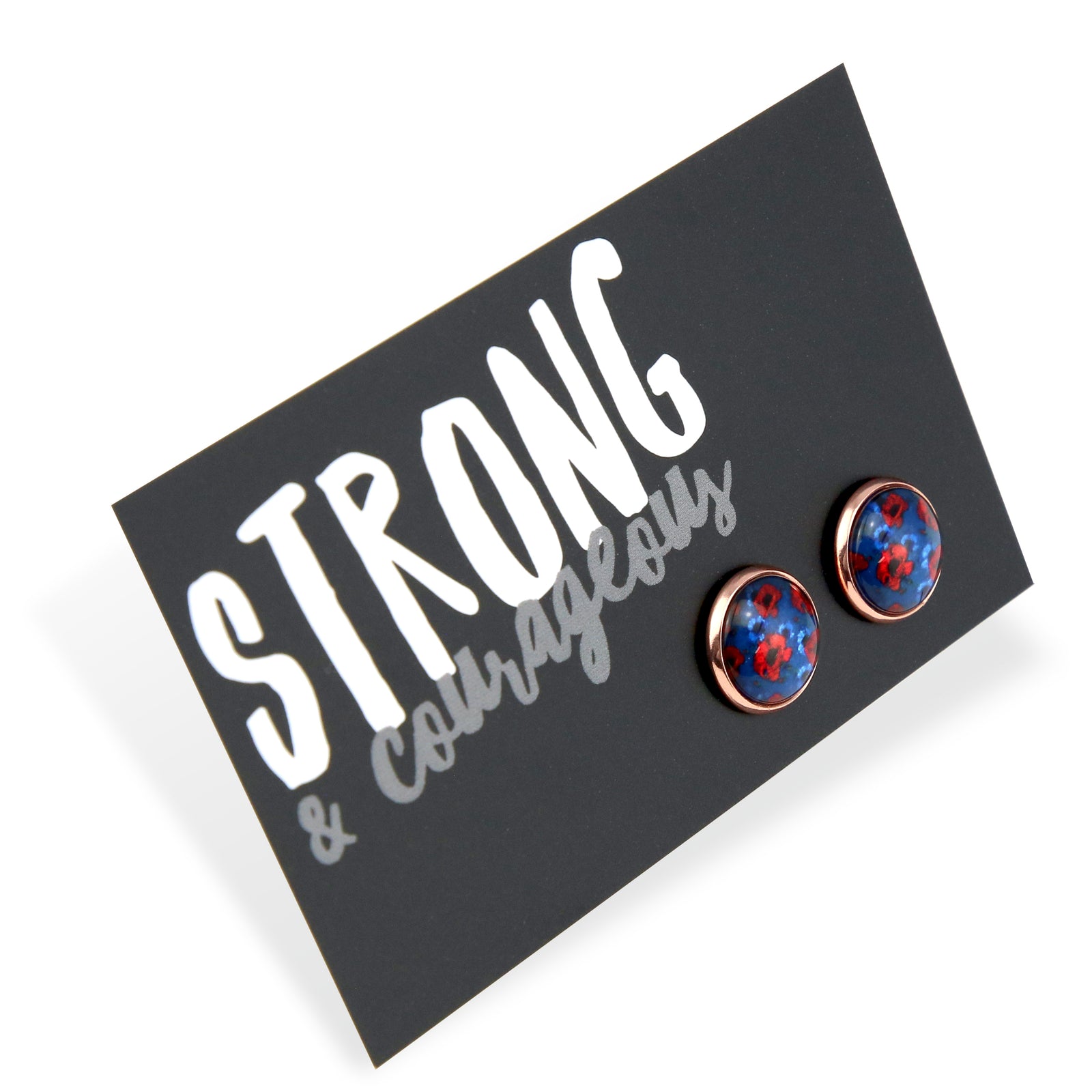 Pair of earrings with floral design on a card with 'STRONG & COURAGEOUS' text.