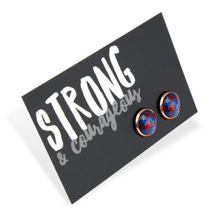 Earrings on a card with 'STRONG & courageous' text