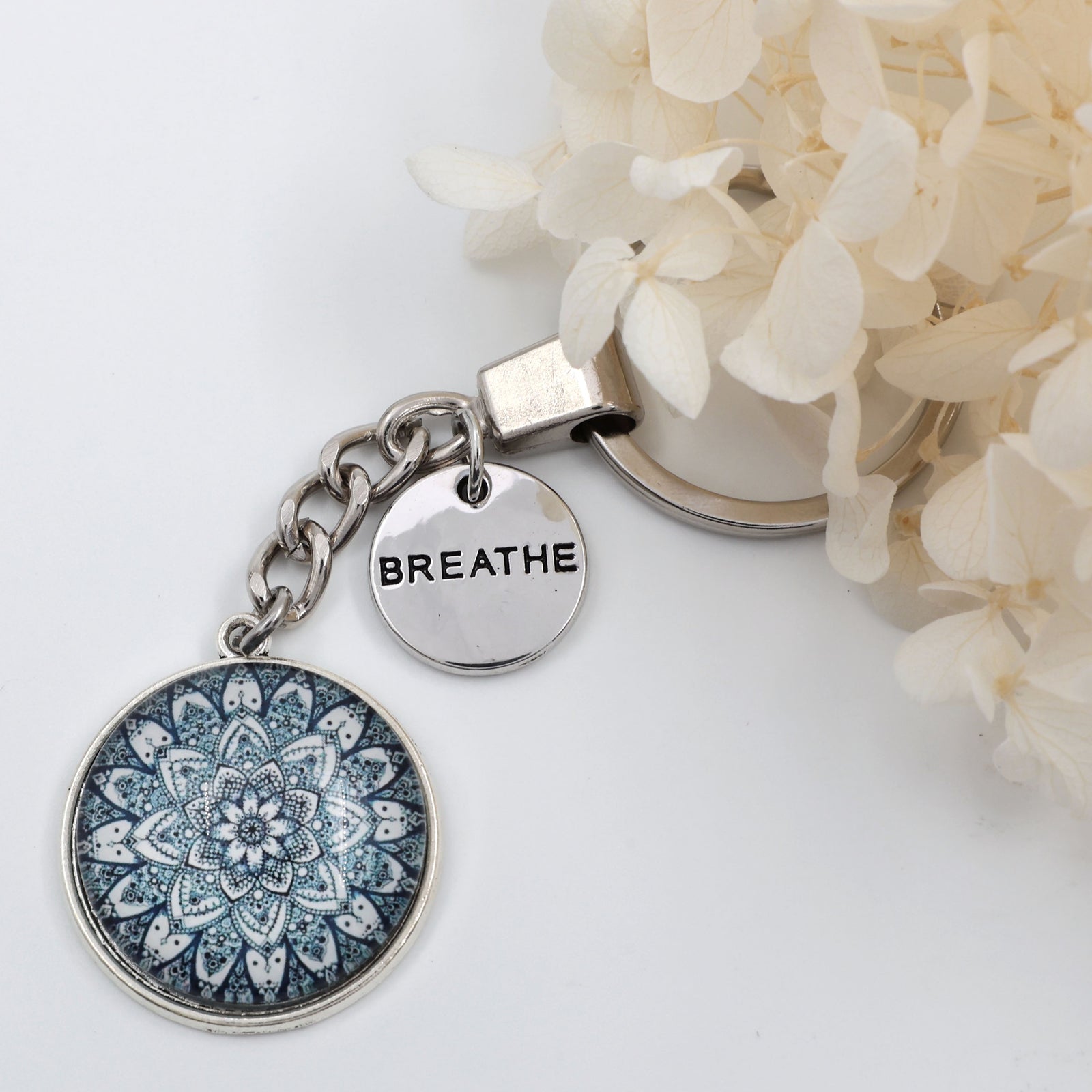 Heart and Soul - Vintage Silver 'BREATHE' Keyring - Floral Ice (11054)