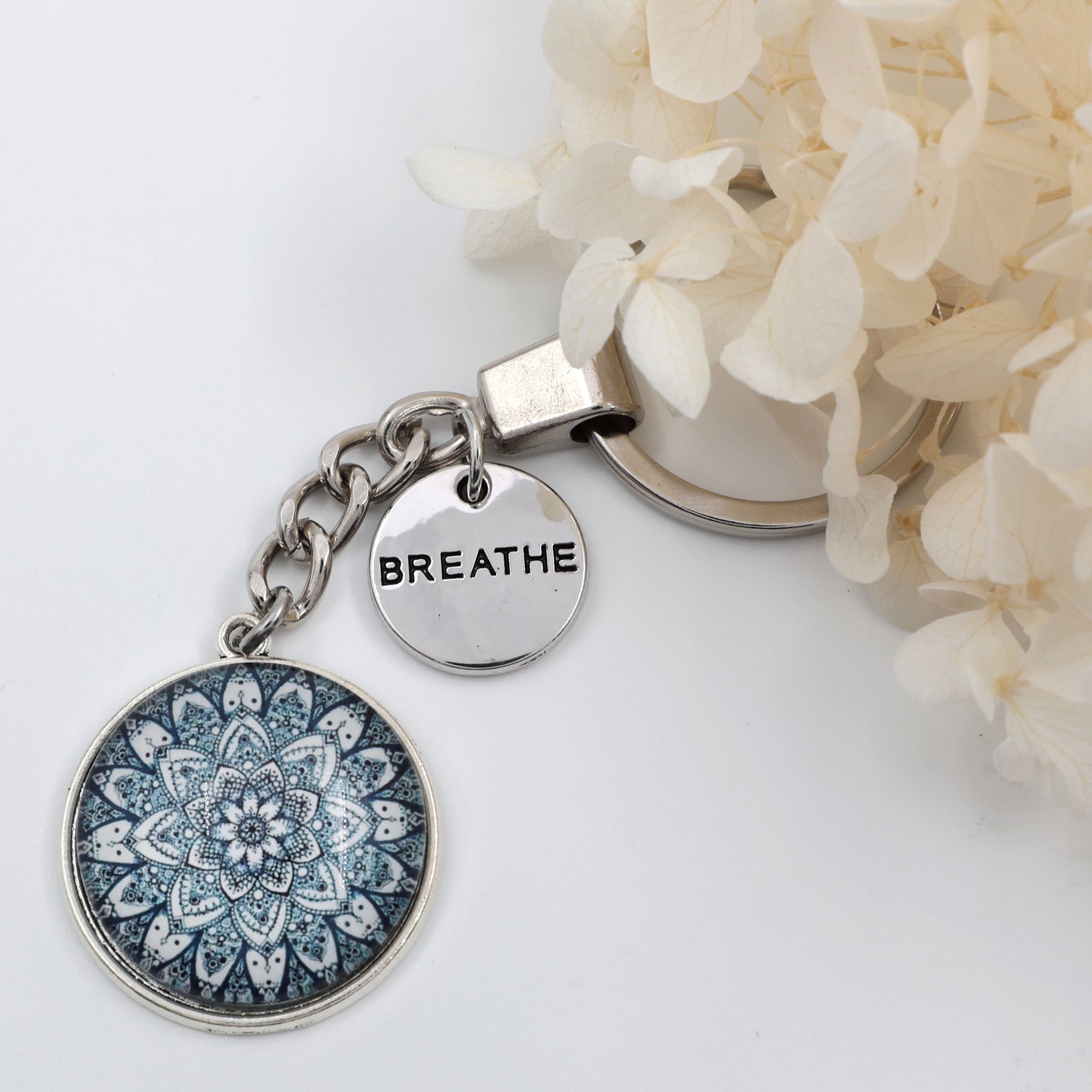 Heart and Soul - Vintage Silver 'BREATHE' Keyring - Floral Ice (11054)
