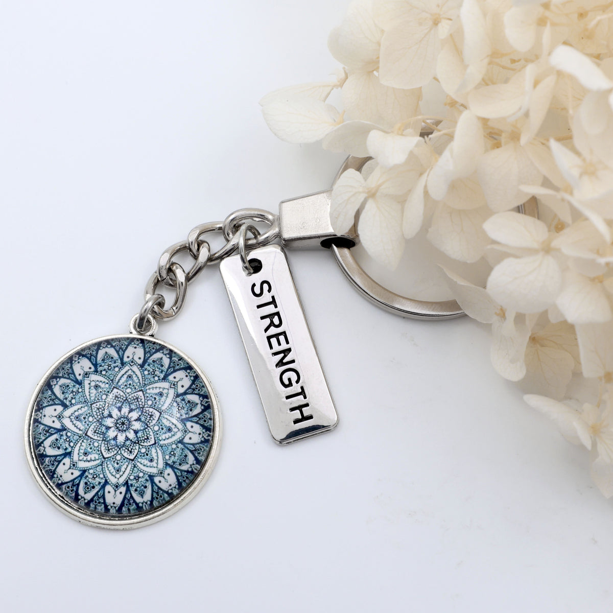 Heart and Soul - Vintage Silver 'STRENGTH' Keyring - Floral Ice (11154)