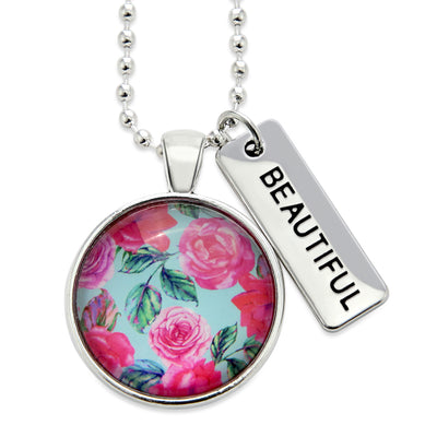 SPRING - 'Beautiful' Vintage Silver Necklace - French Rose - (10662)