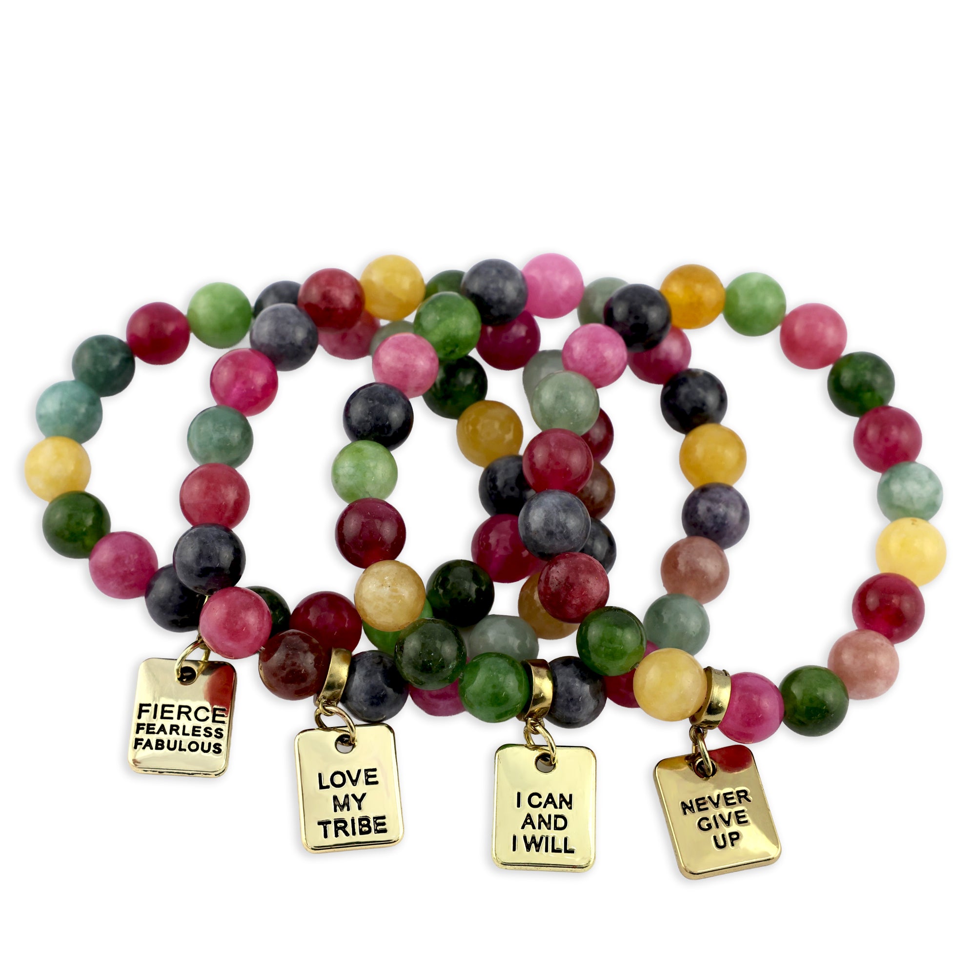 Colorful beaded bracelets with motivational charms on a white background