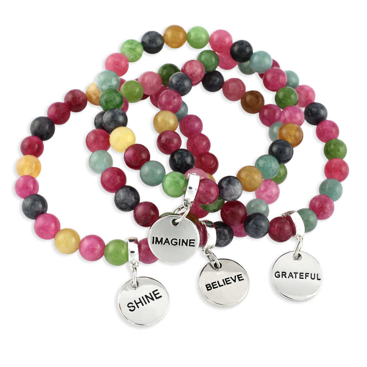 Colorful beaded bracelets with motivational charms on a white background