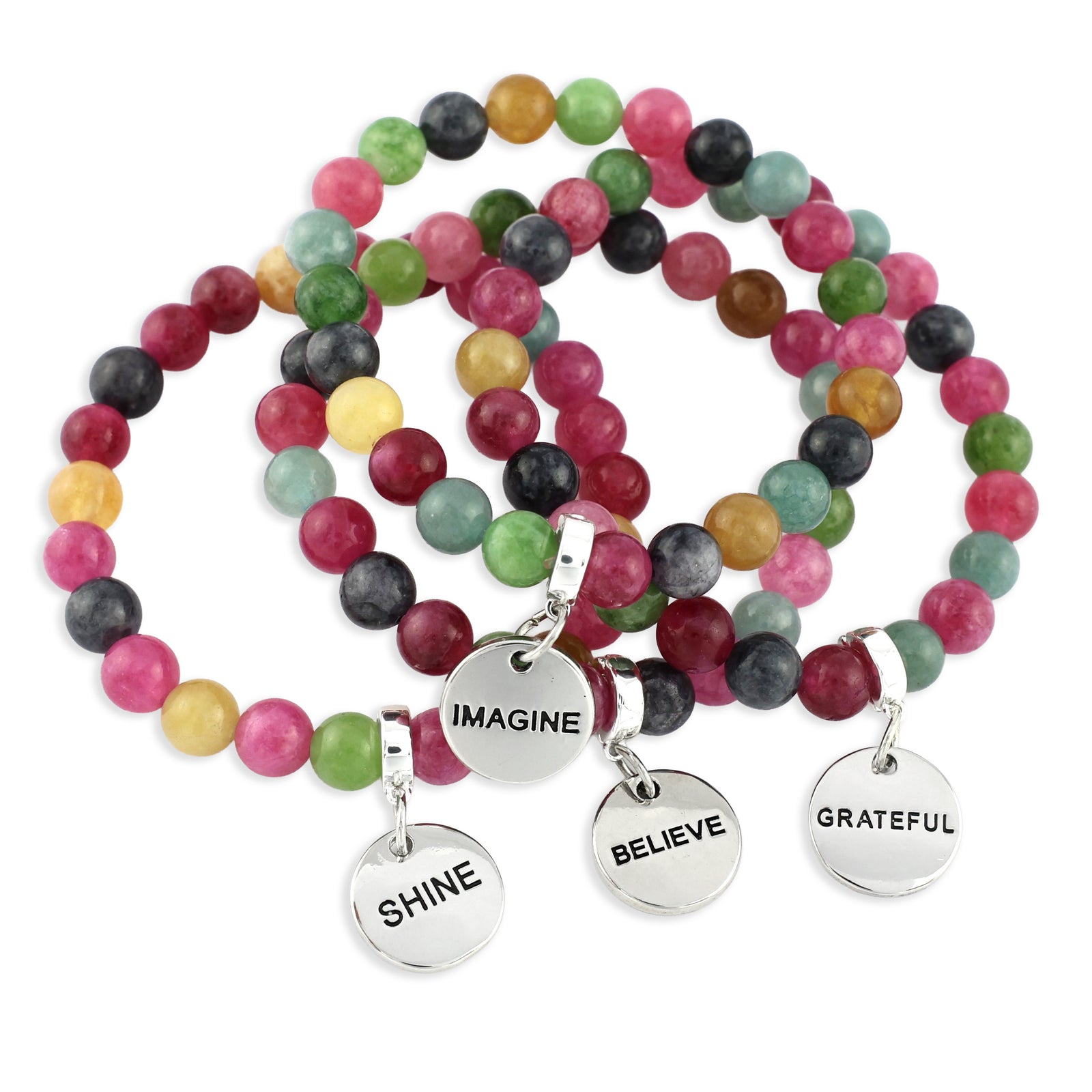 Colorful beaded bracelets with motivational charms on a white background