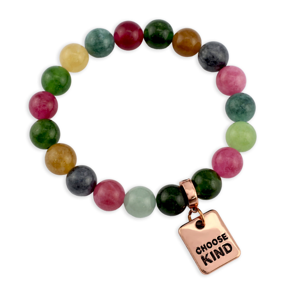 Multicolored beaded bracelet with a 'Choose Kind' charm on a white background