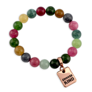 Multicolored beaded bracelet with a 'Choose Kind' charm on a white background