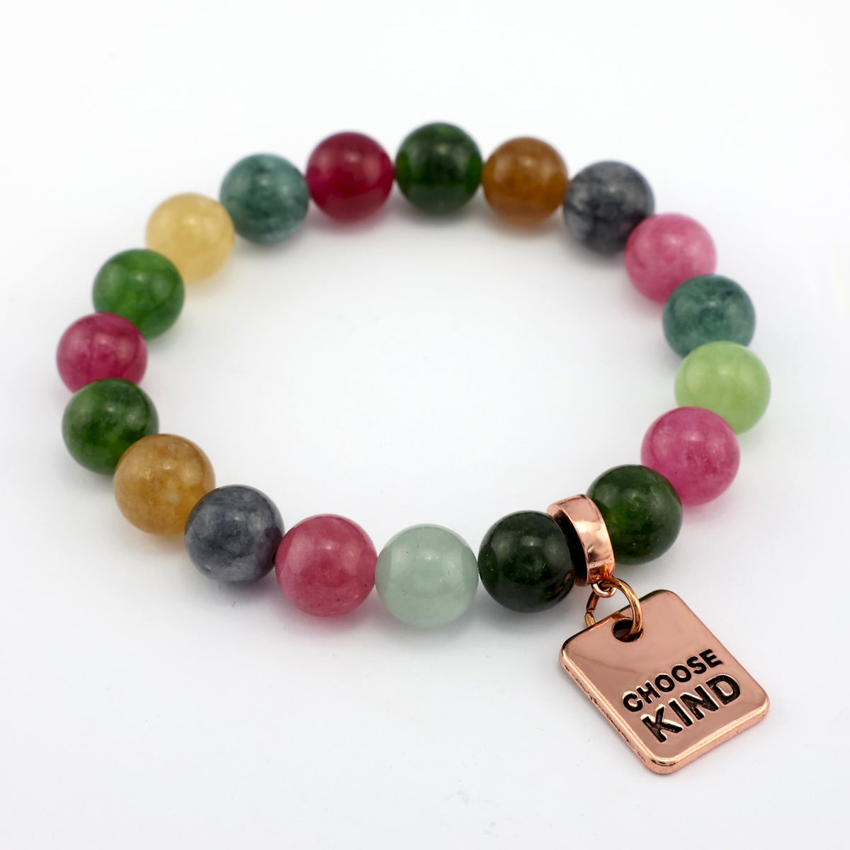 Multicolored beaded bracelet with a 'Choose Kind' charm on a white background