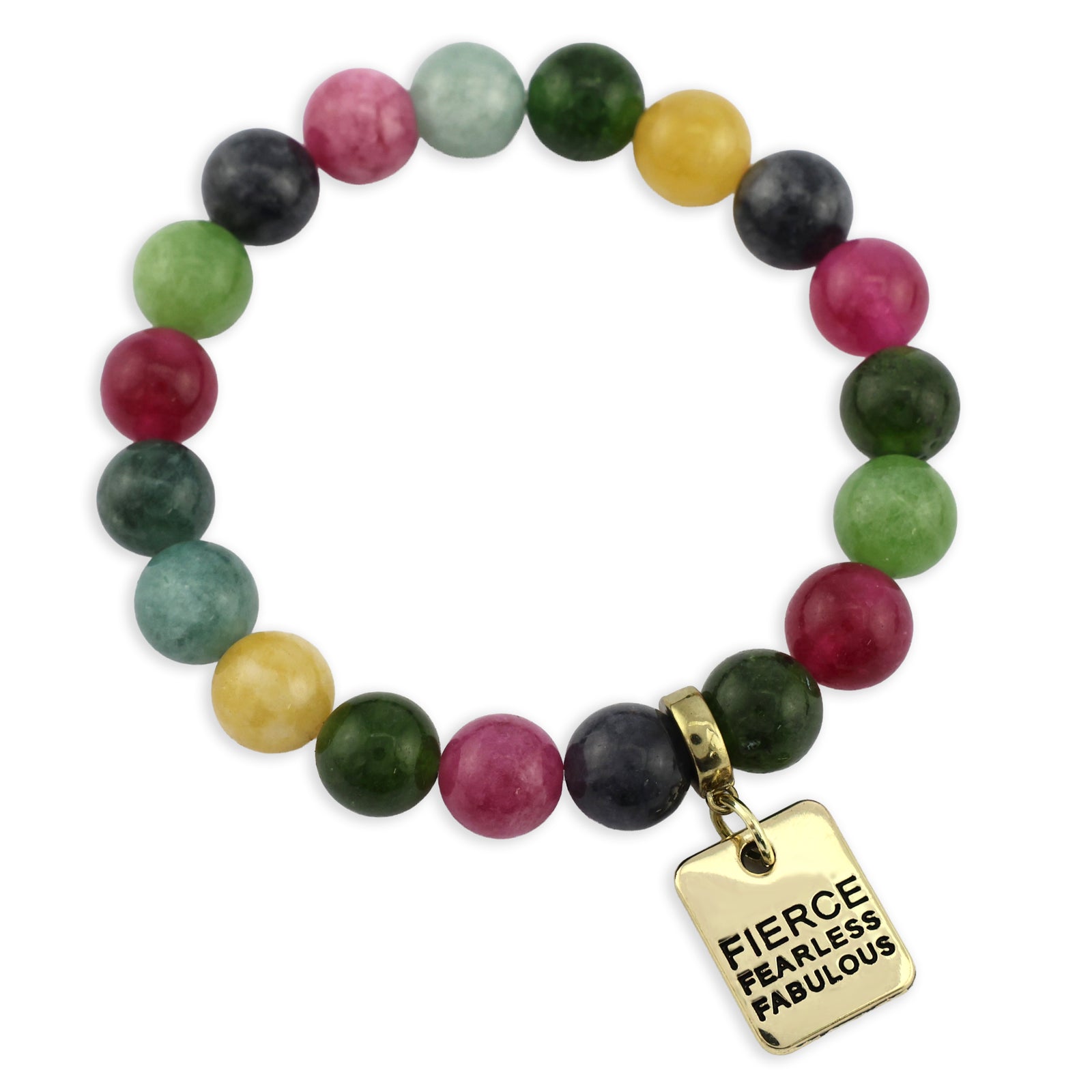Colorful beaded bracelets with motivational charms on a white background
