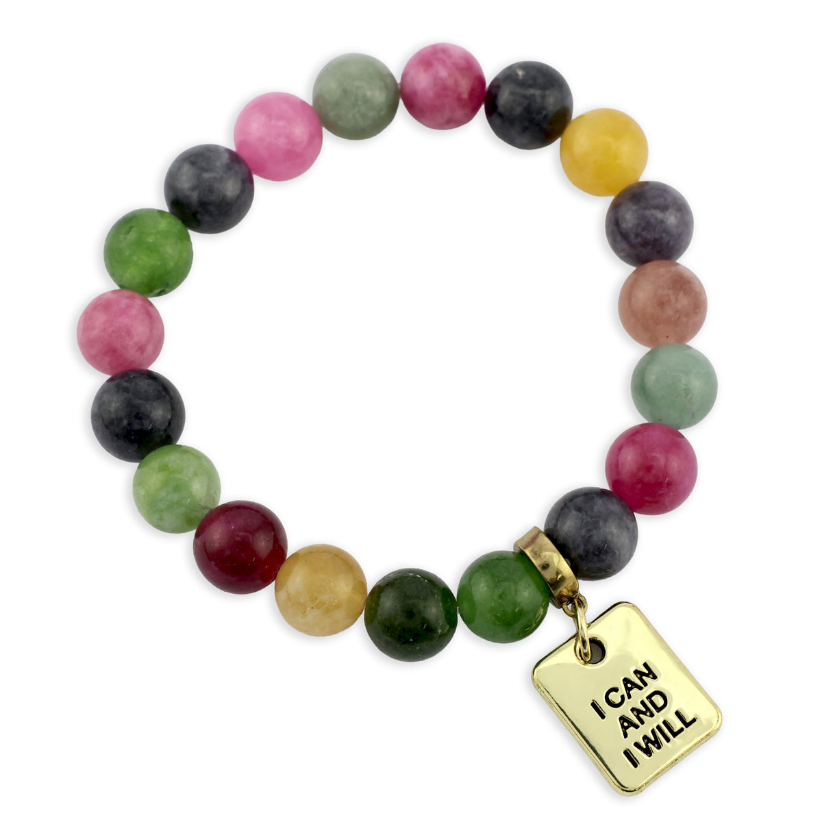 Multicolored beaded bracelet with a gold tag reading 'I Can and I Will' on a white background