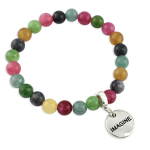 Multicolored beaded bracelet with a silver 'IMAGINE' charm on a white background