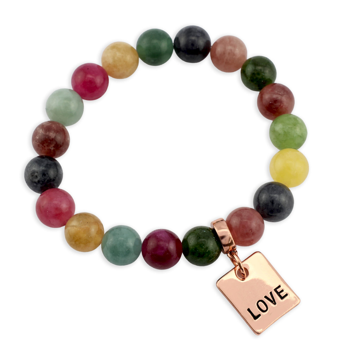 Multicolored beaded bracelet with a 'LOVE' charm on a white background