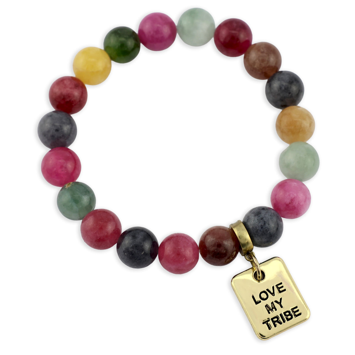 Multicolored beaded bracelet with a gold 'Love My Tribe' charm on a white background