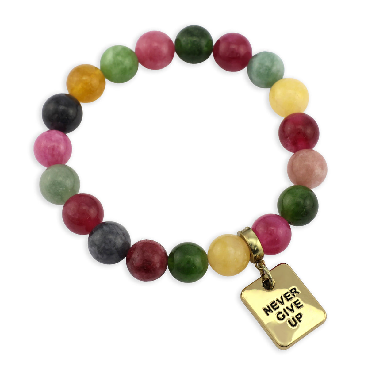 Multicolored beaded bracelet with a gold 'Never Give Up' tag on a white background
