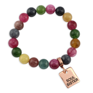 Multicolored beaded bracelet with a 'Soul Sister' tag on a white background