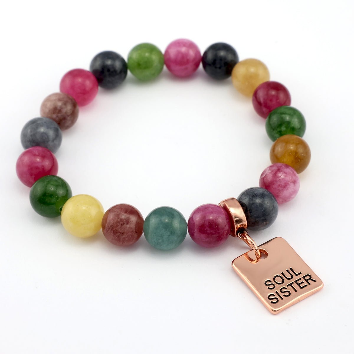 Multicolored beaded bracelet with a 'Soul Sister' tag on a white background