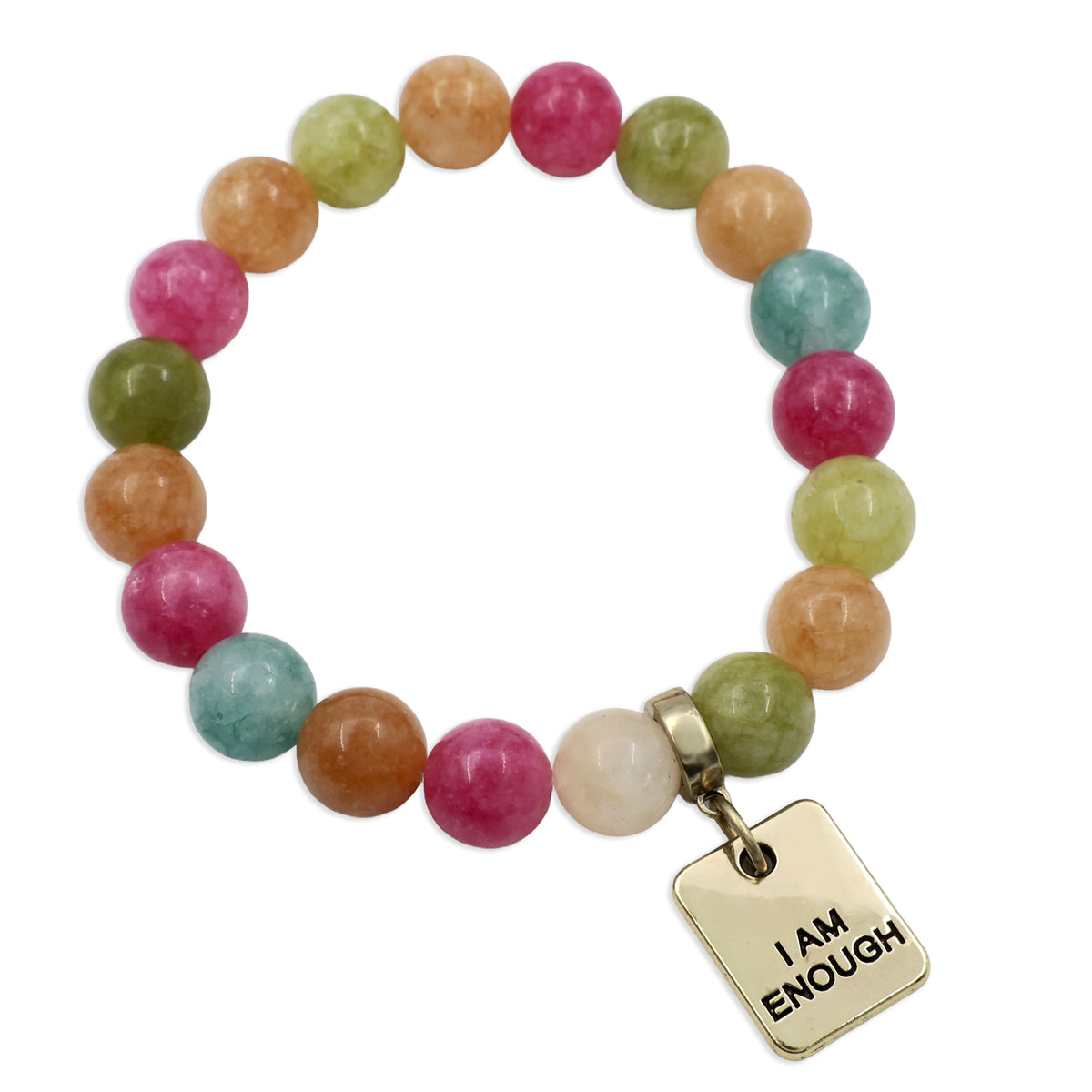 Multicolored beaded bracelet with a 'I AM ENOUGH' charm on a white background
