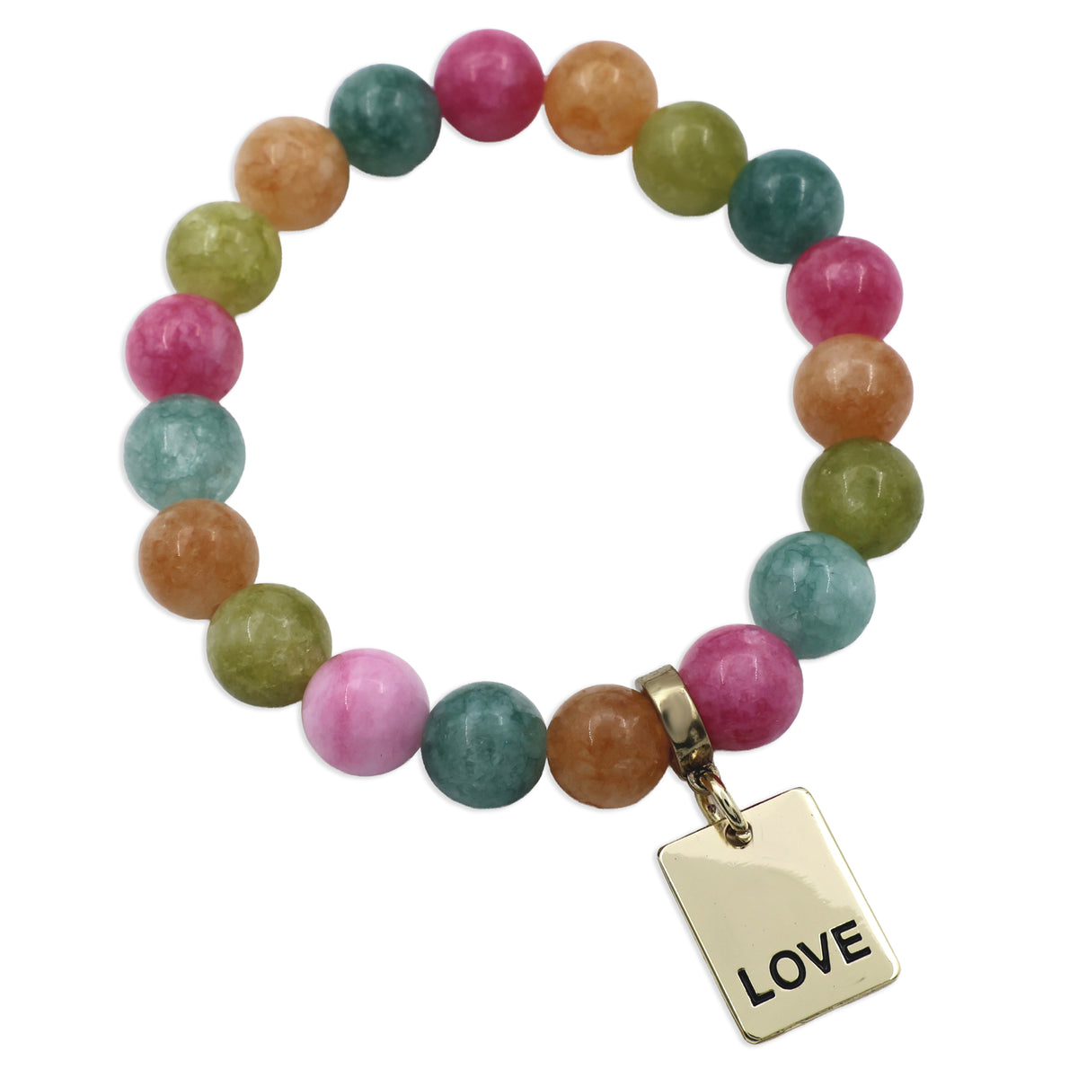 Multicolored beaded bracelet with a 'LOVE' charm on a white background