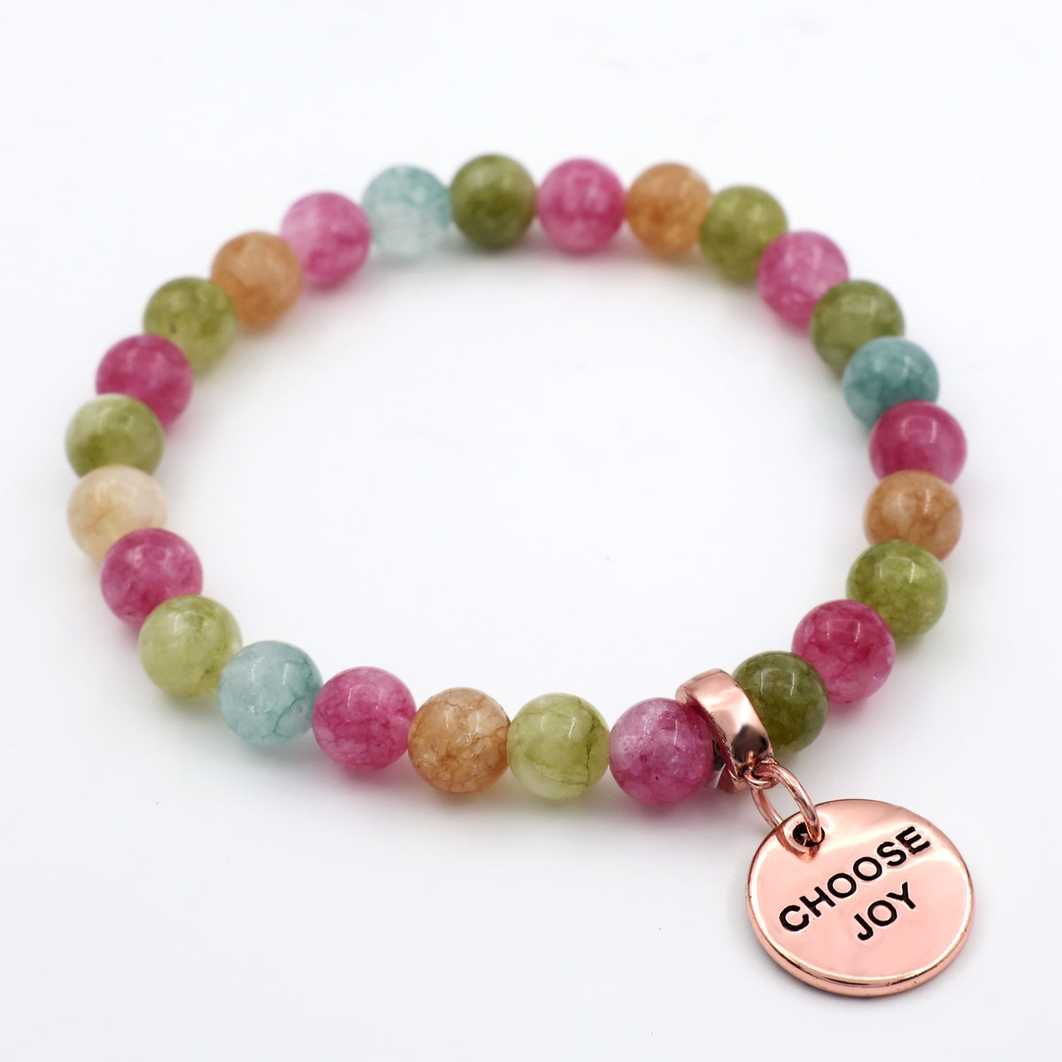Multicolored beaded bracelet with a 'CHOOSE JOY' charm on a white background