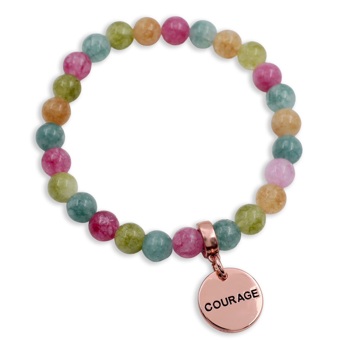 Multicolored beaded bracelet with a rose gold 'COURAGE' charm on a white background