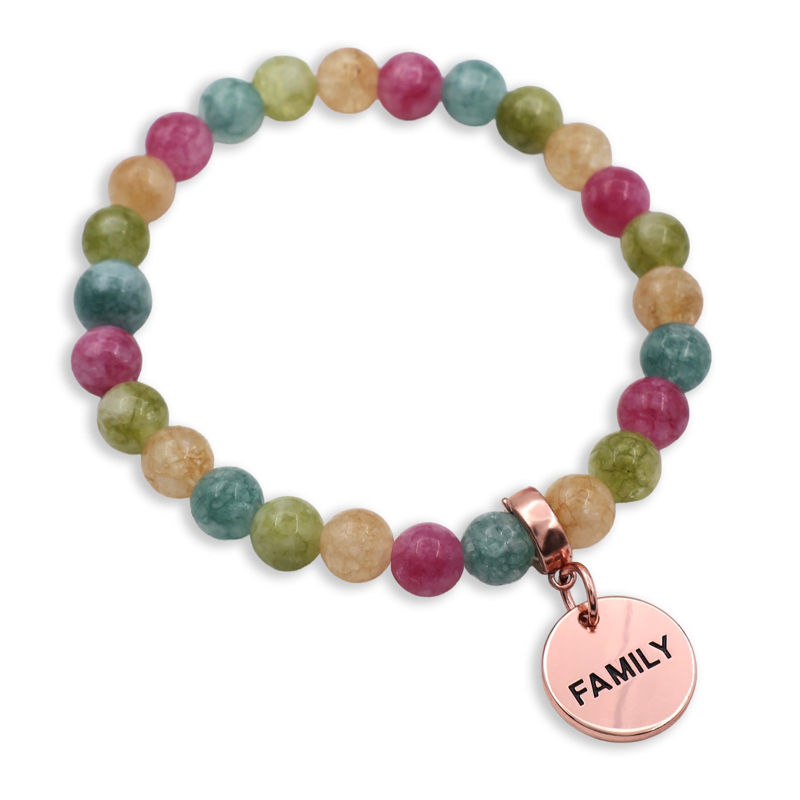 Multicolored beaded bracelets with rose gold charms on a white background