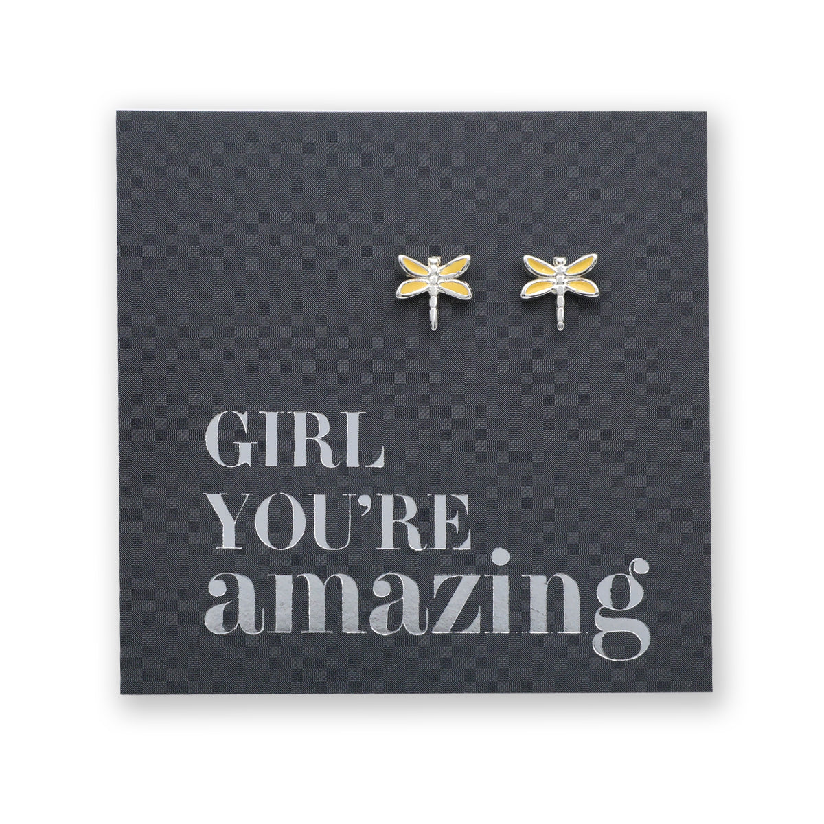 Dragonfly earrings on a card with 'Girl You're Amazing' text