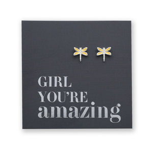 Dragonfly earrings on a card with 'Girl You're Amazing' text