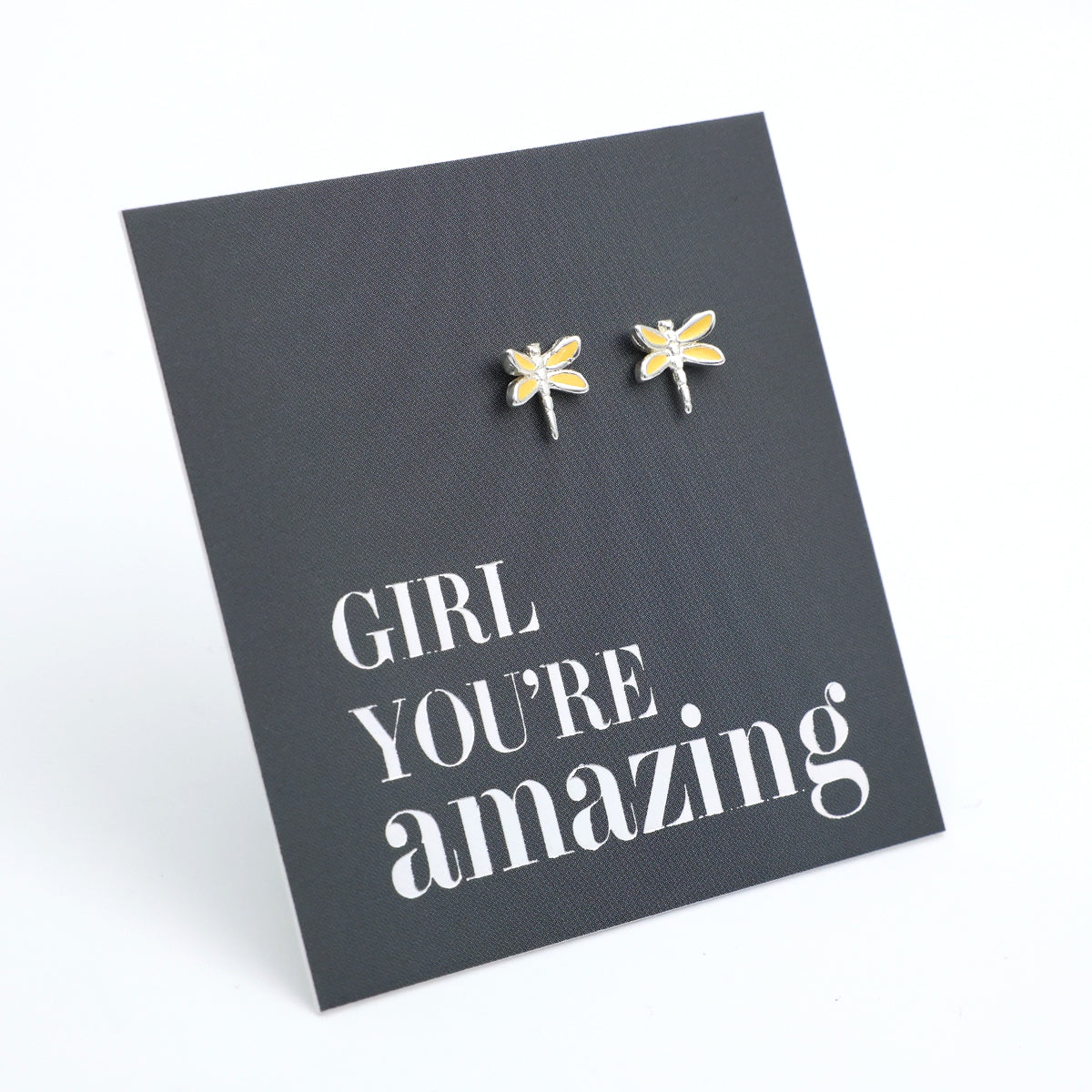 Dragonfly earrings on a card with 'Girl You're Amazing' text