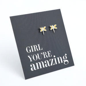Dragonfly earrings on a card with 'Girl You're Amazing' text