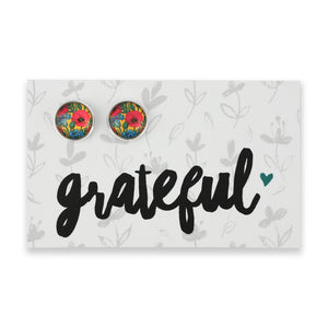 Bright Silver 'Grateful' 12mm Circle Studs - Cornflowers & Poppies