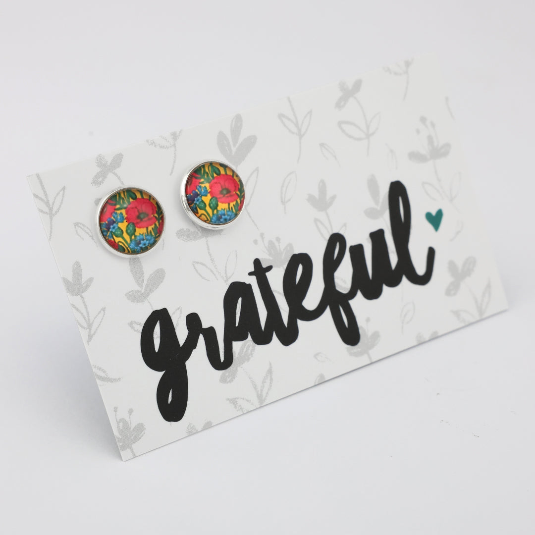 Bright Silver 'Grateful' 12mm Circle Studs - Cornflowers & Poppies