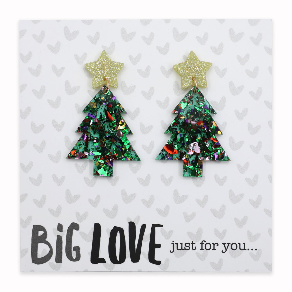 Green glittery Christmas tree earrings on a card with 'Big Love just for you...' text.