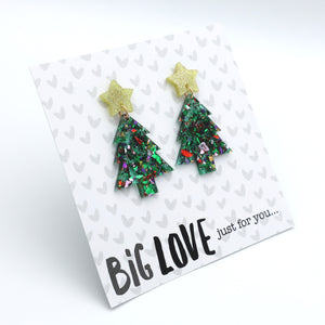 Green glittery Christmas tree earrings on a 'Big Love' card