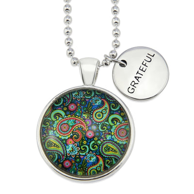 SPRING - 'Grateful' Bright Silver Necklace - Green Paisley (10965)